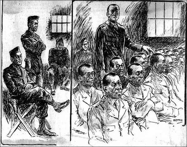 Published Nov. 25, 1944: The pen of Henry Roth, Post-Intelligencer staff artist, portrays two scenes at the general court-martial of 42 Negro soldiers charged with rioting at Fort Lawton last August. Left, three of the military guards stationed in the court room. Right, Pvt. Thomas Battle, a Negro soldier, taps the head of a defendant who he says was one of the rioters who stormed the barracks of former Italian prisoners of war. Photo: Seattle Post-Intelligencer / SL
