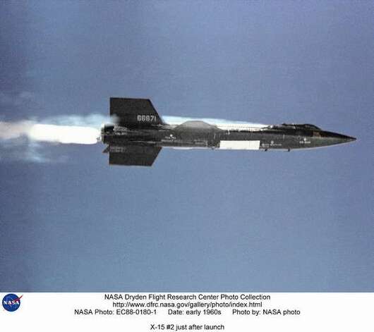 The X-15 rocket plane launches away from the B-52
 mothership in the early 1960s. The white patches near the middle of the ship are frost from the liquid oxygen used in the propulsion system, although very cold
 liquid nitrogen was also used to cool the payload bay, cockpit, windshields and nose. A joint program by NASA, the Air Force, the Navy and North
 American Aerospace, the X-15 set a series of speed records, culimating in Mach 6.7 on Oct. 3, 1967 and reached a record altitude record of 354,200 feet on Aug. 22, 1963. It contributed to the development of the Mercury, Gemini, Apollo and Space Shuttle programs. Photo: NASA / SL