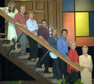 The Brady Bunch cast paused to update an iconic photo for a 2005 TV Land reunion special. From left are Susan Olsen, Mike Lookinland, Eve Plumb, Christopher Knight, Maureen McCormick, Barry Williams, Ann B. Davis and Florence Henderson. Photo: Janet Van Ham, TV Land