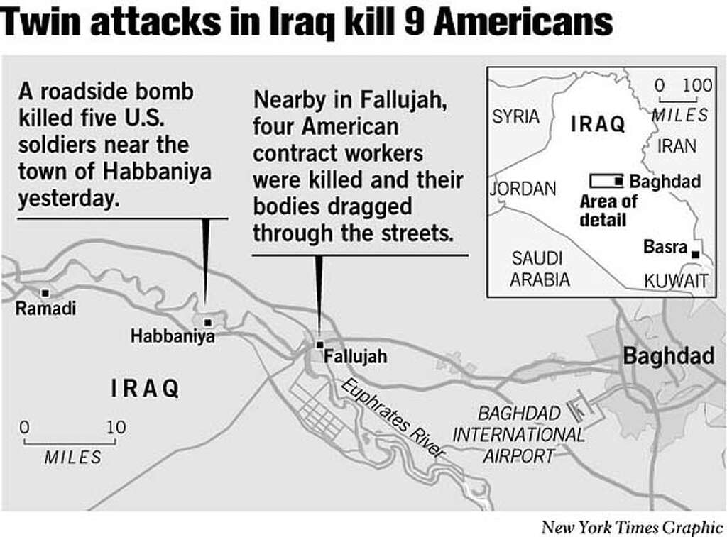 Twin Attacks in Iraq Kill 9 Americans. New York Times Graphic Photo: John Blanchard