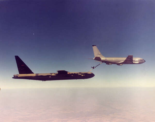 A B-52 refuels from a Boeing KC-135 Stratotanker over Southeast Asia
 during the Vietnam War. Photo: U.S. Air Force / SL