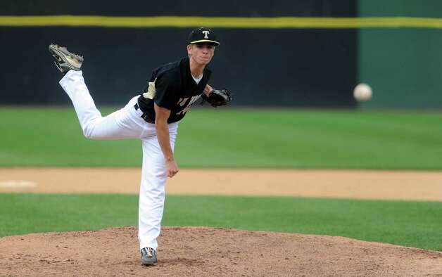 Trumbull's Gerard Spiegel pitches to Staples High School during the FCIAC baseball semifinals Thursday, May 24, 2012 at the Ballpark at Harbor Yard in Bridgeport, Conn. Photo: Autumn Driscoll / Connecticut Post