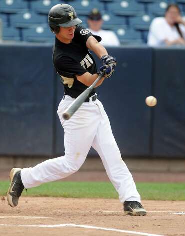 Trumbull's Colin Keyes gets a hit during the FCIAC baseball semifinal against Staples High School Thursday, May 24, 2012 at the Ballpark at Harbor Yard in Bridgeport, Conn. Photo: Autumn Driscoll / Connecticut Post