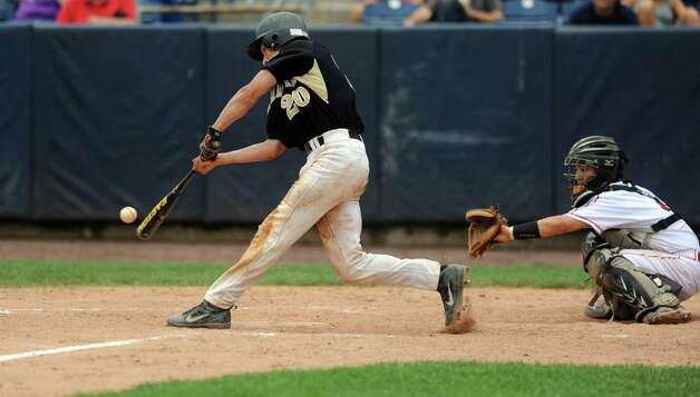 Trumbull's James DeNomme swings during Saturday's FCIAC baseball championship game at the Ballpark at Harbor Yard in Bridgeport on May 26, 2012. Photo: Lindsay Niegelberg / Stamford Advocate