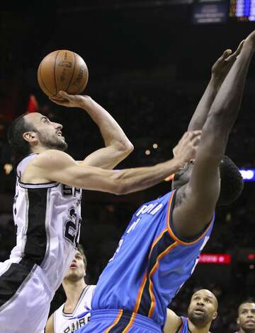 San Antonio Spurs' Manu Ginobili (20) shoots over Oklahoma City Thunder's Nazr Mohammed (8) during the first half of game two of the NBA Western Conference Finals in San Antonio, Texas on Tuesday, May 29, 2012. Edward A. Ornelas/Express-News (Edward A. Ornelas / San Antonio Express-News) / SA
