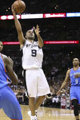 San Antonio Spurs' Tony Parker (9) shoots against the Oklahoma City Thunder during the first half of game two of the NBA Western Conference Finals in San Antonio, Texas on Tuesday, May 29, 2012. Edward A. Ornelas/Express-News (Edward A. Ornelas / San Antonio Express-News) / SA