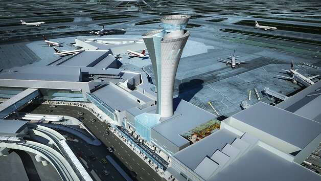 The new air control tower at SFO, to be completed by the end of 2014, will be 221 feet tall. It will feature a torch-like appearance and a clear glass base Photo: HNTB Architecture / SF