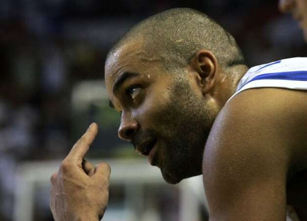 France's Tony Parker reacts during their Euro 2009 basketball qualifying round against Belgium, in Pau, southwestern France, Sunday, Aug. 30, 2009. France won 92 to 54 to qualify. (Fred Scheiber / Associated Press) / SA