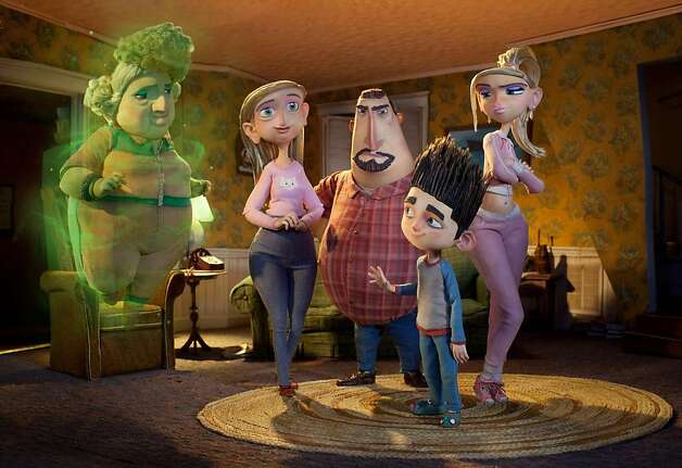 Only Norman (center) can see his ghostly grandma (left, voice of Elaine Stritch) as the other characters look on in the visually striking "ParaNorman." Photo: Associated Press / SF