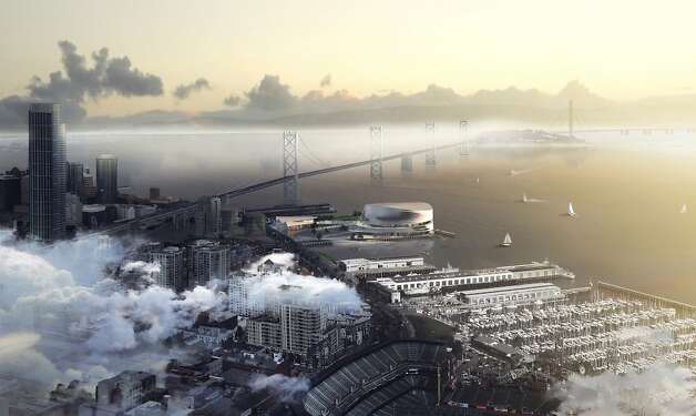 The Warriors' proposal for the S.F. waterfront site includes a 17,500-seat arena on the southeast corner of Piers 30-32, shed-like retail buildings along the Embarcadero, and 8 acres of terraced plazas in between. Photo: Sn¿hetta And AECOM/Golden State / SF