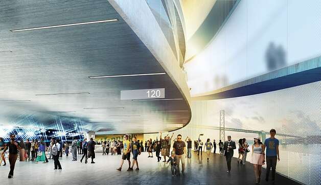 The arena plan includes a 17,500-seat venue at Piers 30-32, retail buildings and terraced parks and plazas. Photo: Sn¿hetta And AECOM/Golden State