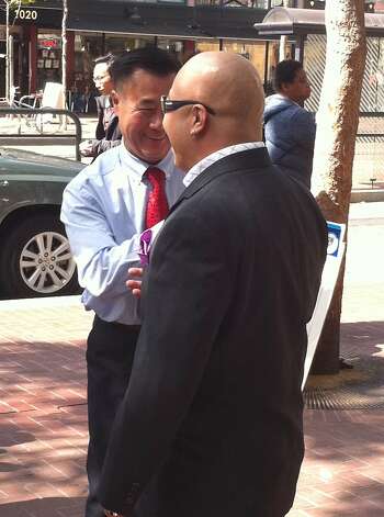 Leland Yee, left, talks with Raymond "Shrimp Boy" Chow during a rally for a candidate for the city Board of Supervisors in 2010. Photo: Handout, Courtesy