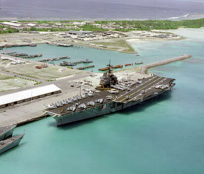 USS Saratoga docked at Diego Garcia, the first aircraft carrier to do so. The historic aircraft carrier arrived in Brownsville on Friday and will be dismantled. Photo: Wikimedia