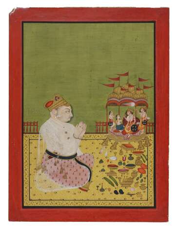 Unknown Artist, A Ruler Worshiping Rama, Sita, Lakshmana, and Hanuman, 18th-19th century, India, Rajasthan, Bundi, Opaque color and gold on paper, 11 11/16 x 9 in, 26.69 x 22.86 cm, Fralin Museum of Art at the University of Virginia, Gift of Sanjay Guha