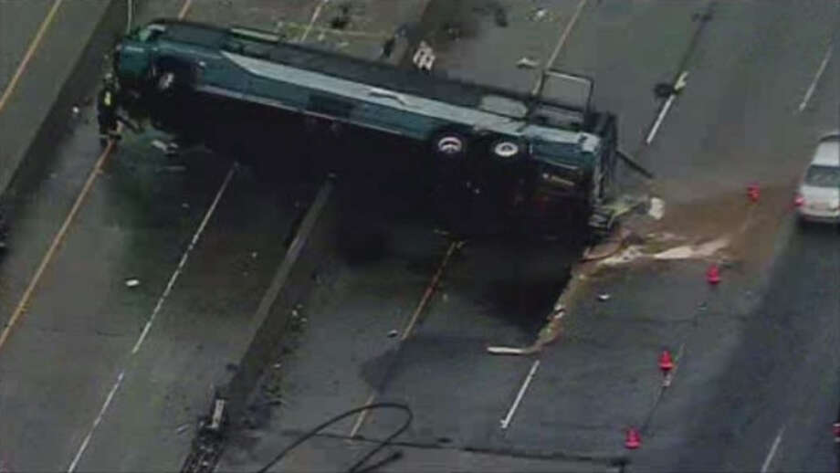 A Grehound bus that overturned on Tuesday on Highway 101 near Highway 85 in San Jose killed two people and injured several more. Photo: CBS San Francisco