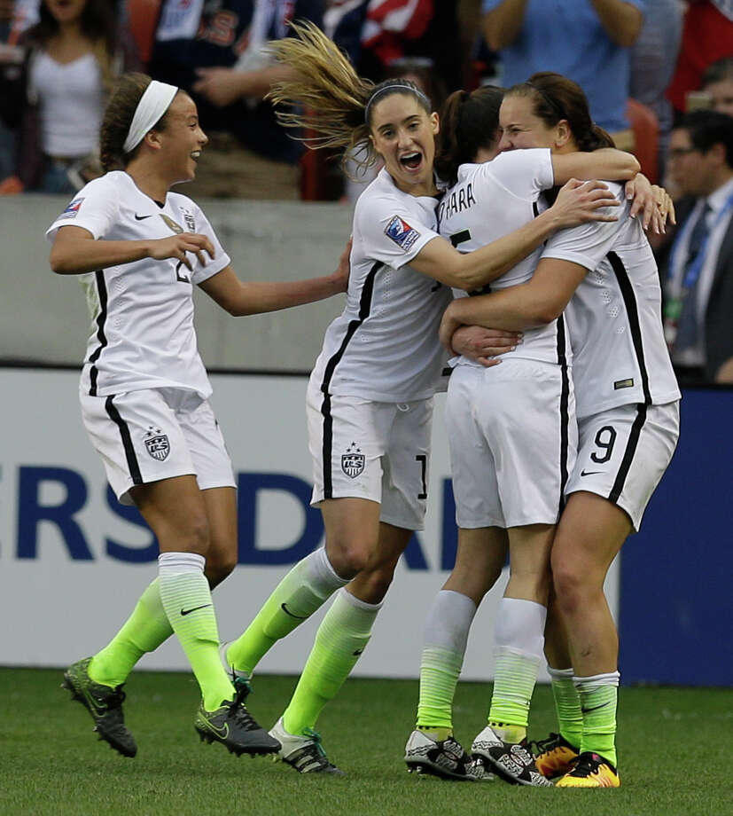U.S. Lindsey Horan, right, celebrates her goal with Mallory Pugh, left, Morgan Brian, Kelly O'Hara, during the second half of game against Canada during the  CONCACAF Olympic women's soccer qualifying championship final at BBVA Compass Stadium Sunday, Feb. 21, 2016, in Houston. Photo: Melissa Phillip, Houston Chronicle / © 2016 Houston Chronicle