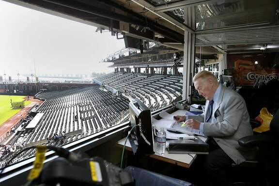 Vin Scully is making notes about the days broadcast even before the fans enter the ballpark Sunday September 14, 2014 at AT&T park. Hall of Fame Los Angeles Dodgers announcer Vin Scully was at AT&T park for the last Giants series and after six decades is still in his prime.