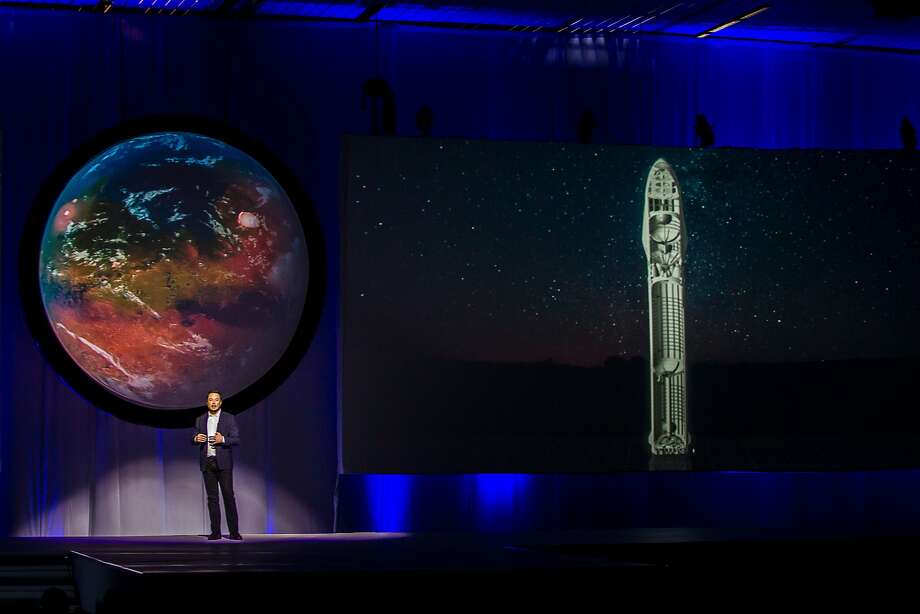 Tesla Motors CEO Elon Musk speaks about the Interplanetary Transport System he plans to launch for a flight to Mars. Photo: HECTOR-GUERRERO, AFP/Getty Images