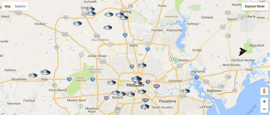 Website UFO Stalker offers a reporting platform for people who've seen UFOs in their neighborhood. For Houston, the Katy Freeway east of downtown, the Galleria area, downtown, Bellaire and among others are the highest reported locations for the city.Continue clicking to see recent UFO sightings throughout Texas. Photo: UFO Stalker