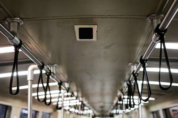 A surveillance camera is seen on the ceiling of a BART train in San Francisco, California, on Thursday, Feb. 2, 2017.