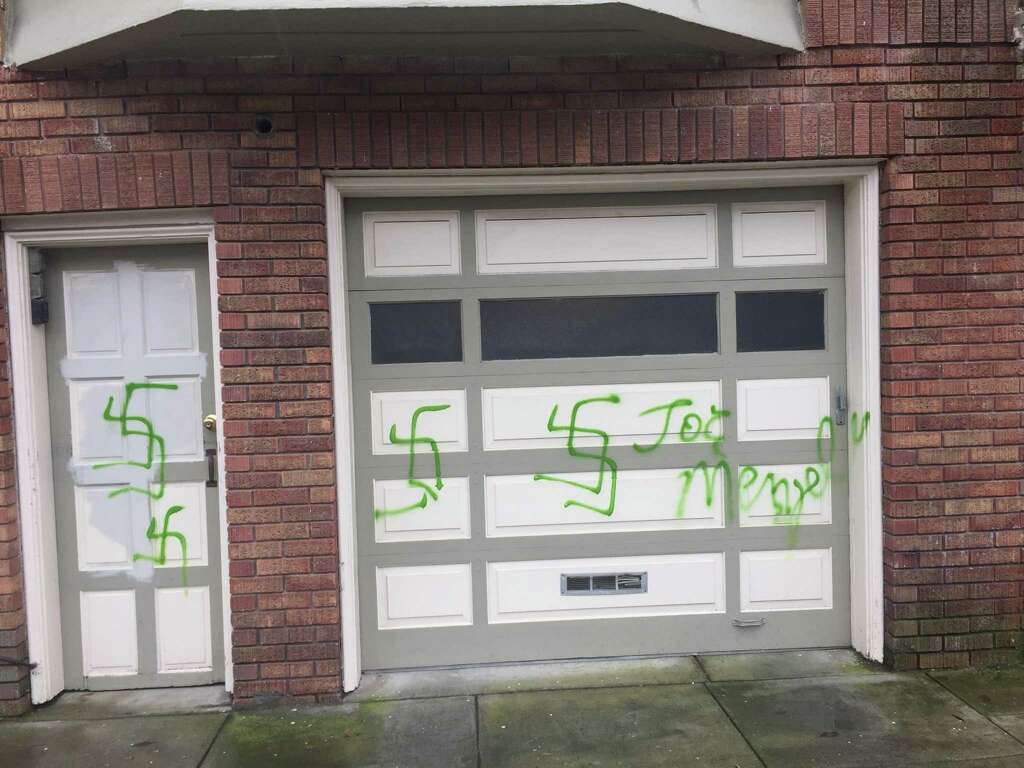 Several swastikas were spray painted on an apartment complex in San Francisco’s Marina District. Photo: Michael Bodley / The Chronicle / Michael Bodley