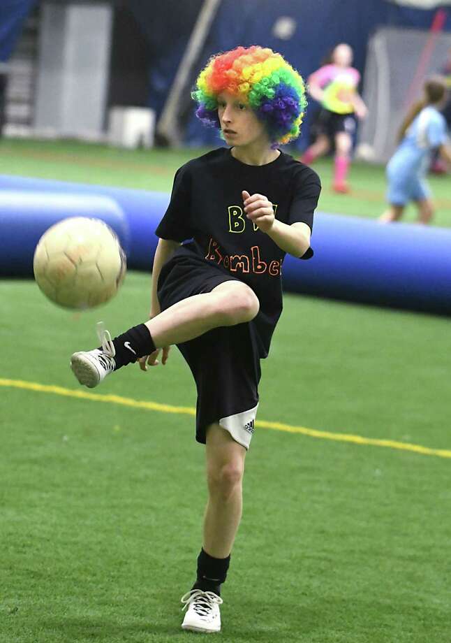 Braeden Richards, 12, of Niskayuna handles the ball during a charity soccer tournament to benefit twin soccer players whose parents died in a horrific car crash at Afrims Latham Dome on Monday, Feb. 20, 2017 in Latham, N.Y. (Lori Van Buren / Times Union) Photo: Lori Van Buren / 40039740A