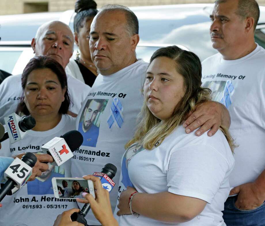 Melissa Hernandez, right, speaks to the media Saturday after the funeral for her cousin John Hernandez﻿﻿. ﻿﻿He died from strangulation and chest compression on May 31, three days after an altercation. ﻿ Photo: Melissa Phillip, Staff / © 2017 Houston Chronicle