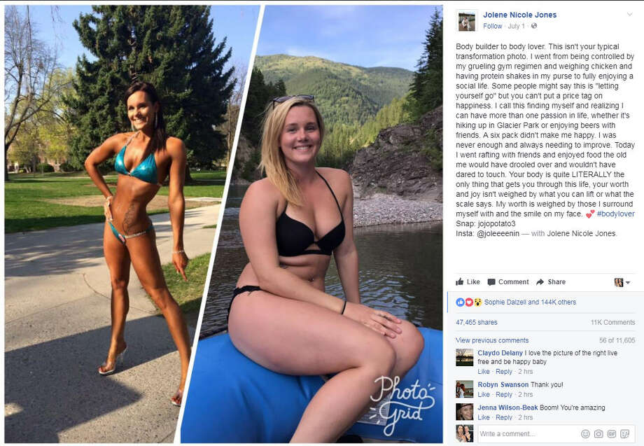 "Body builder to body lover... Some people might say this is "letting yourself go" but you can't put a price tag on happiness."&gt;&gt;Keep clicking to see more incredible body transformations.Photo: Jolene Nicole Jones Facebook Photo: Jolene Nicole Jones