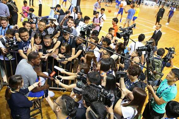 SHENZHEN, CHINA - OCTOBER 04:  Kevin Durant #35 of the Golden State Warriors talks to press during practice and media availability at Shenzhen Gymnasium as part of 2017 NBA Global Games China on October 4, 2017 in Shenzhen, China. NOTE TO USER: User expressly acknowledges and agrees that, by downloading and/or using this Photograph, user is consenting to the terms and conditions of the Getty Images License Agreement. Mandatory Copyright Notice: Copyright 2017 NBAE (Photo by David Sherman/NBAE via Getty Images)