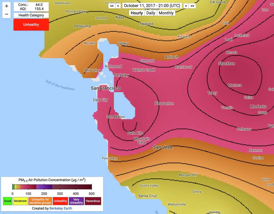 Maps of the Bay Area from BerkeleyEarth.org, a site tracking air quality around the globed, showed unhealthy levels in many areas on the morning of Oct. 12, 2017. Photo: BerkeleyEarth.org