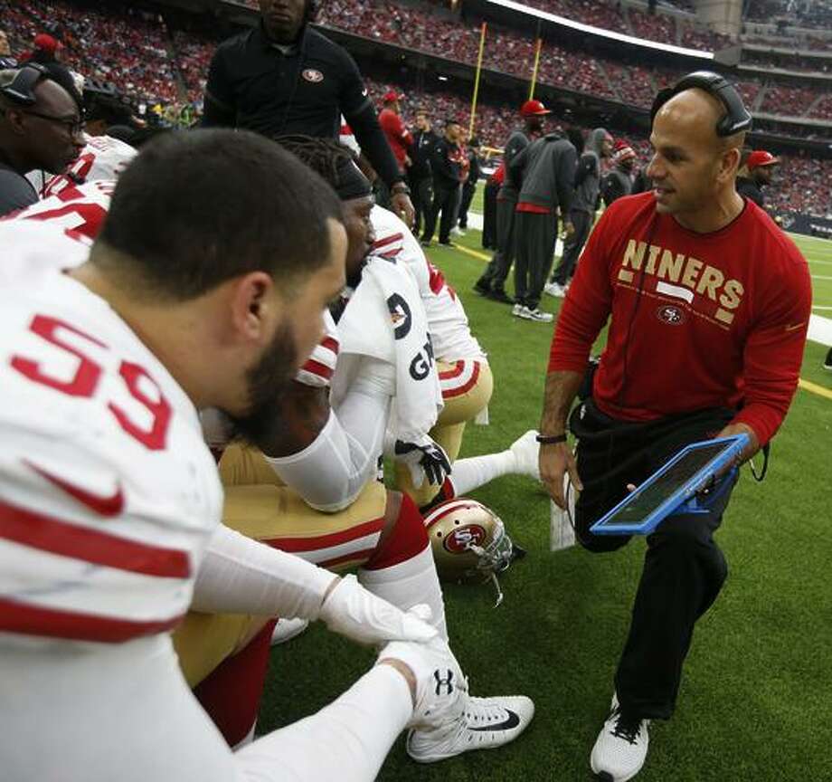HOUSTON, TX - DECEMBER 10: Defensive Coordinator Robert Saleh of the San Francisco 49ers talks with the linebackes on the sideline during the game against the Houston Texans at NRG Stadium on December 10, 2017 in Houston, Texas. The 49ers defeated the Texans 26-16. (Photo by Michael Zagaris/San Francisco 49ers/Getty Images) Photo: Michael Zagaris / Getty Images / 2017 Michael Zagaris