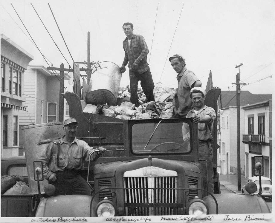 Attilio Borgatello (left), Aldo Bachigalupi, Mario Stefanelli and Terso Biconi collect trash in 1962, when trucks had four-man crews.
