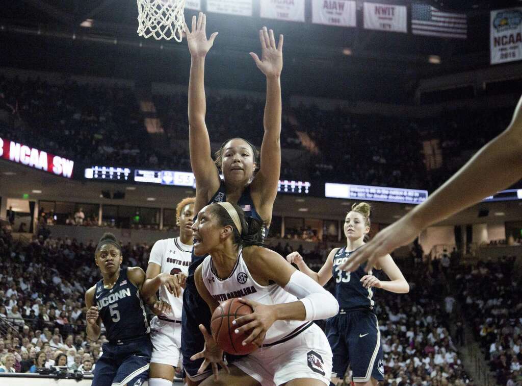 South Carolina forward A'ja Wilson (22) looks for a shot against UConn during the first half Thursday in Columbia, S.C. Photo: Gavin McIntyre / Associated Press / Copyright 2017 The State Media Company