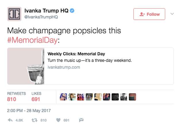 Ivanka Trump's brand criticized for 'champagne popsicles' tweet on Memorial Day