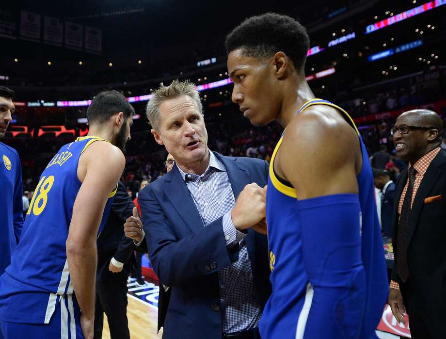 LOS ANGELES, CA - OCTOBER 30: Steve Kerr coach of the Golden State Warriors talks with point guard Patrick McCaw #0 after the basketball game against Los Angeles Clippers  at Staples Center October 30 2017, in Los Angeles, California. NOTE TO USER: User expressly acknowledges and agrees that, by downloading and or using this photograph, User is consenting to the terms and conditions of the Getty Images License Agreement. (Photo by Kevork Djansezian/Getty Images) Photo: Kevork Djansezian, Getty Images